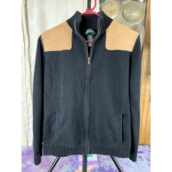 Lauren Ralph Lauren Tops - Lauren Ralph Lauren Women Large Black Equestrian Cardigan Faux Suede Patch